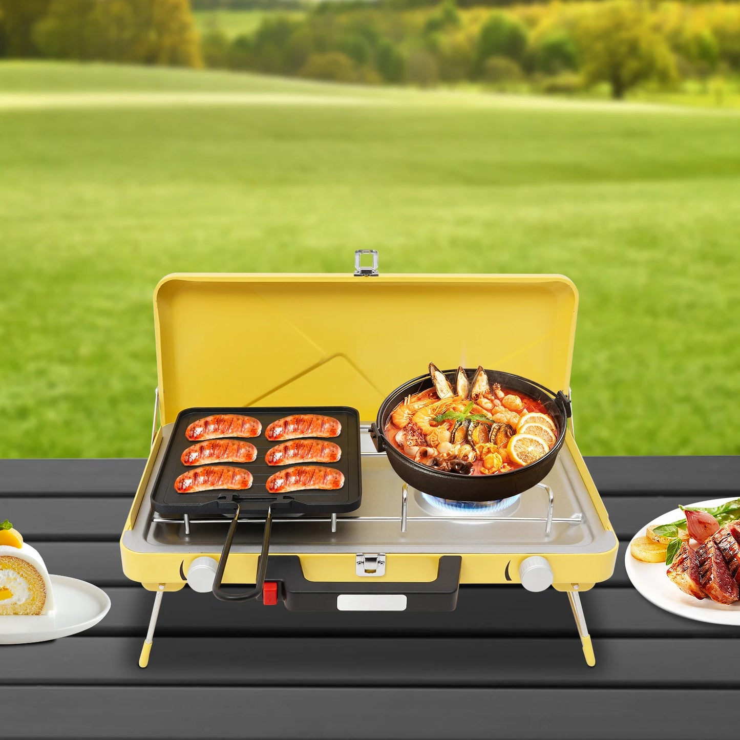 Portable Outdoor Gas Stove 2 Burner 3500W With Windshield Camping