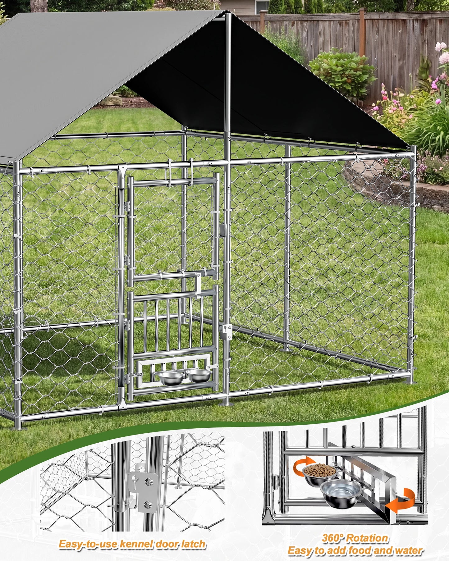 Outdoor Dog Kennel With Rotating Feeder Heavy Duty Roofed