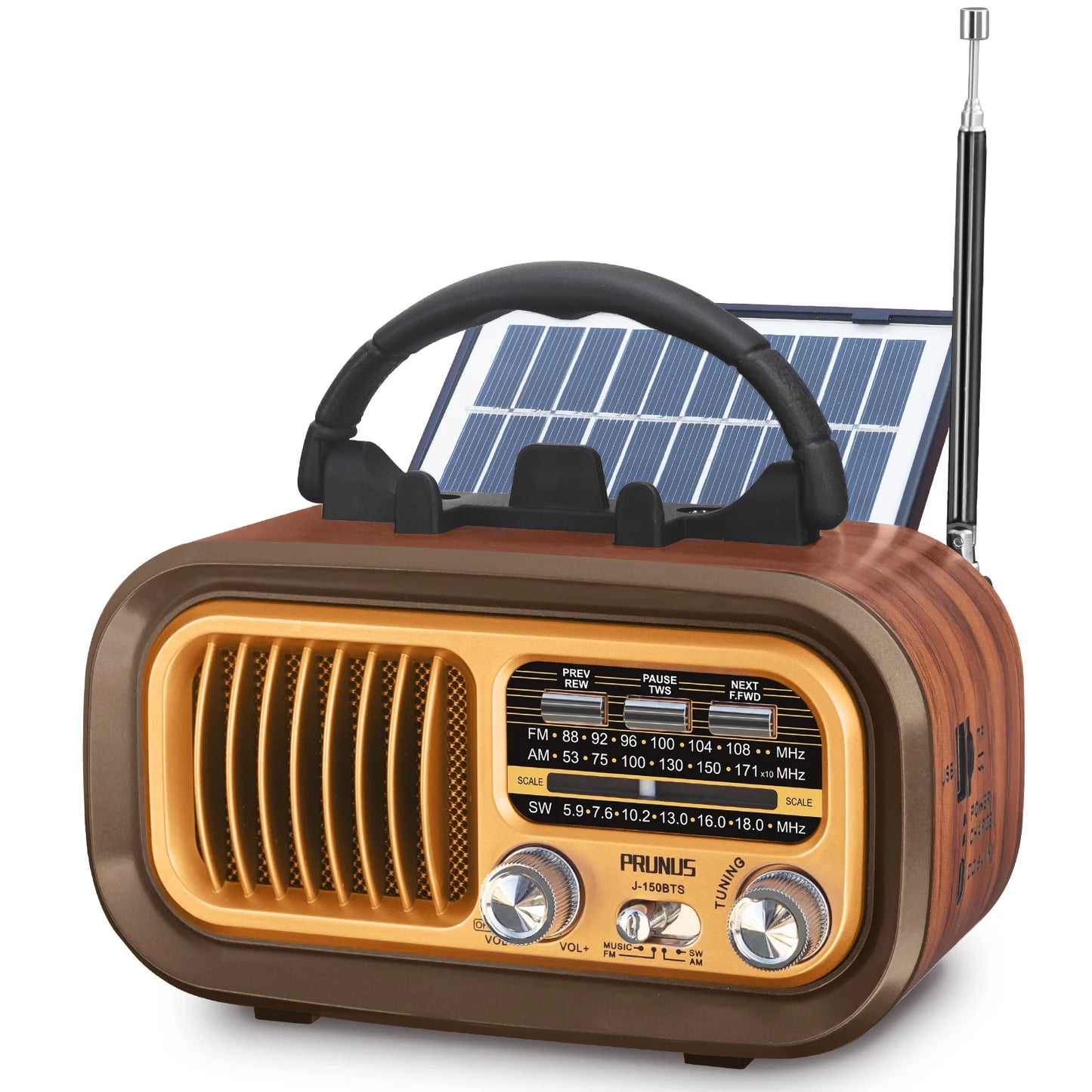 PRUNUS J-150 Retro Bluetooth Radio AM FM Portable Solar Battery