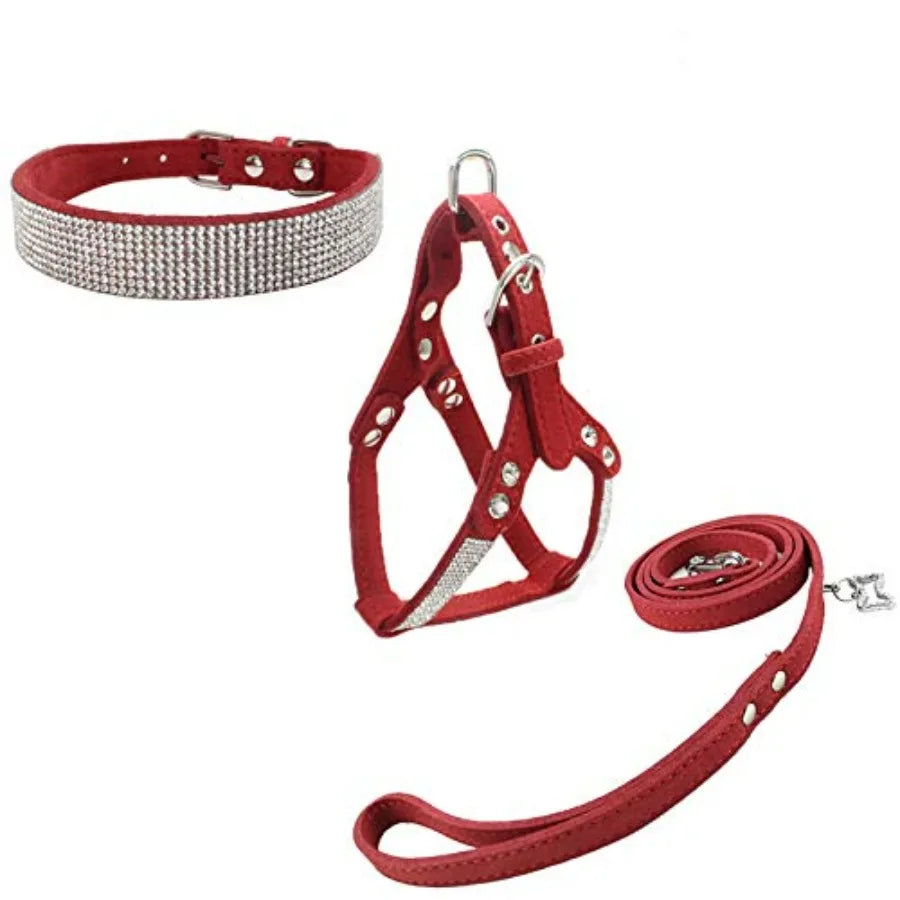 Dog Collar Harness And Leash Set Diamante Fashion Soft Comfort