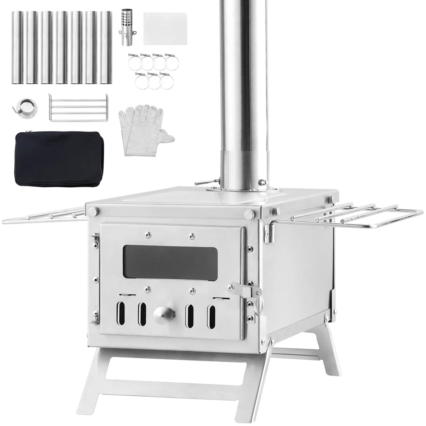 SucceBuy Wood Stove 80 in Stainless Steel Camping Tent Stove Portable Burning Stove with Chimney Pipes & Gloves 700in³Firebox
