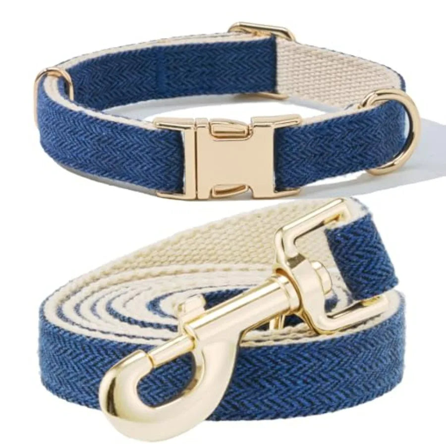 Soft Cotton Tweed Dog Collar And Leash Set Gold Buckle