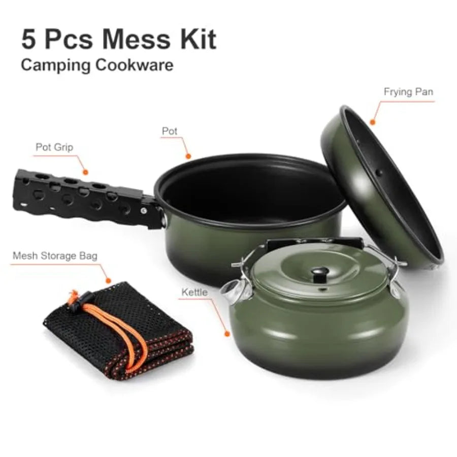 5 Piece Camping Cookware Set Nonstick Pot Pan With Kettle