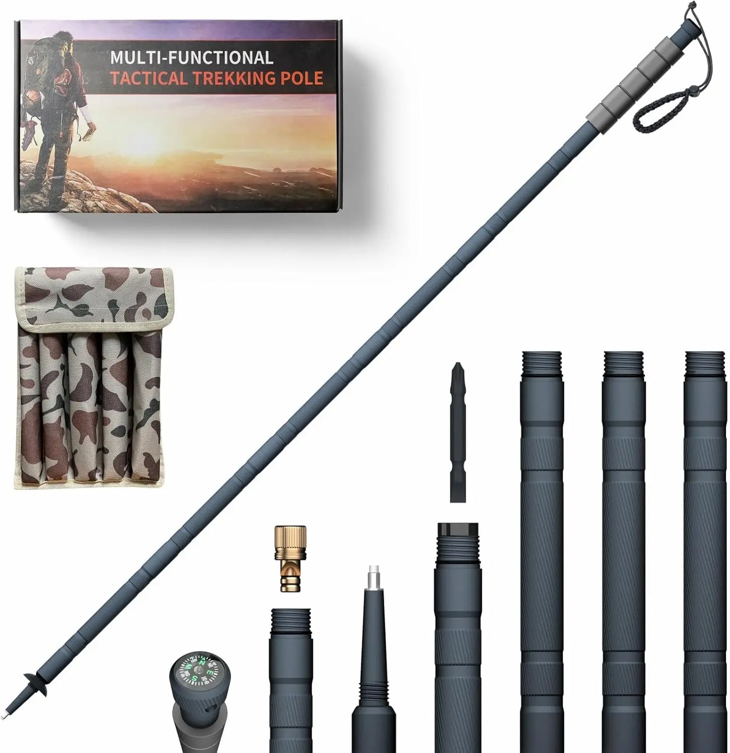 Modular Tactical Hiking Stick With Compass Whistle And Tungsten Tip