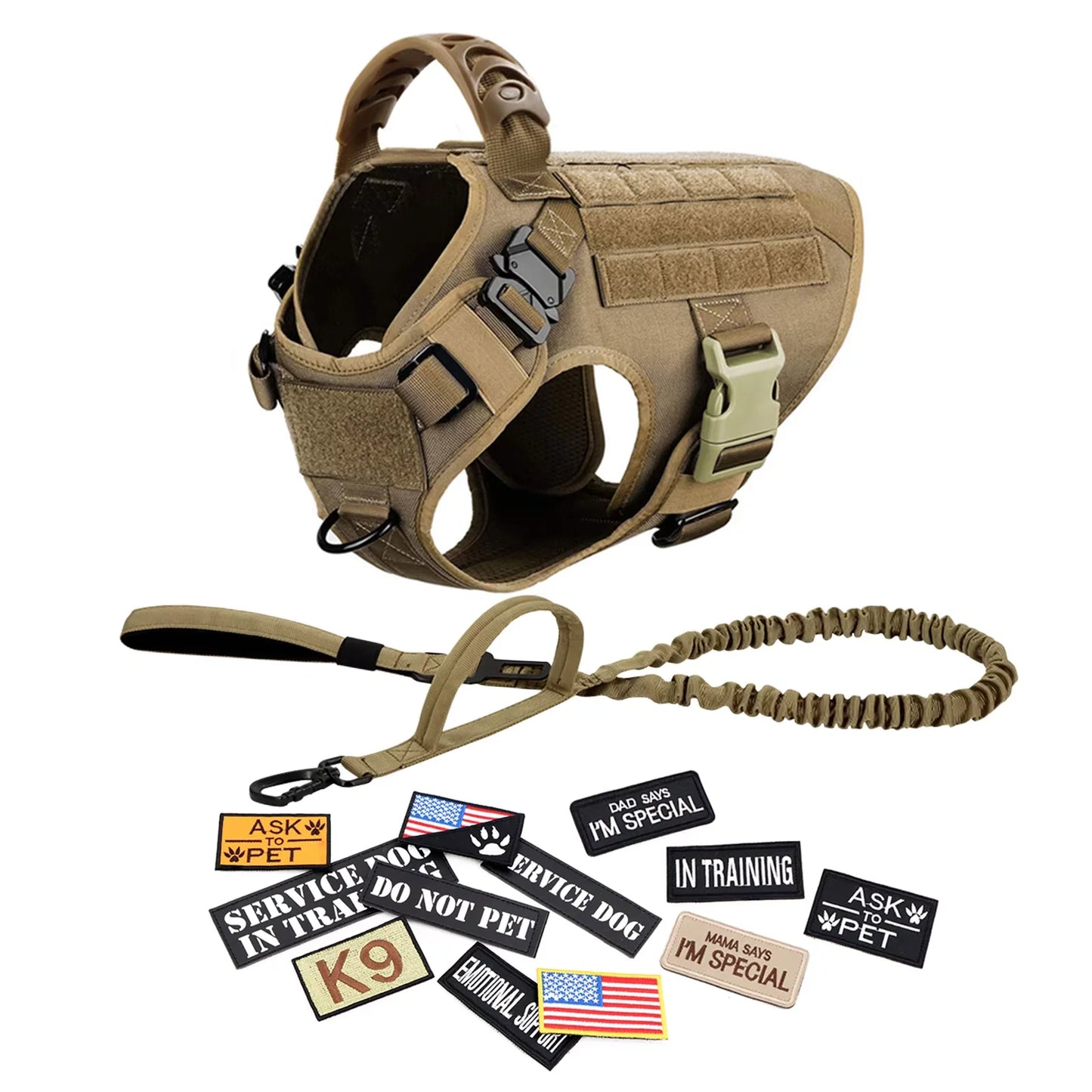Military Tactical Malinois Harness Vest Set With Leash Patches - Paws and Pro's Outfitters