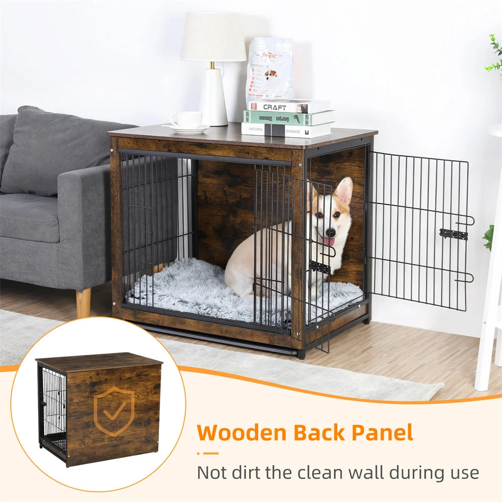BORWART Elevated Wooden Dog Crate End Table With Double Door Removable Tray