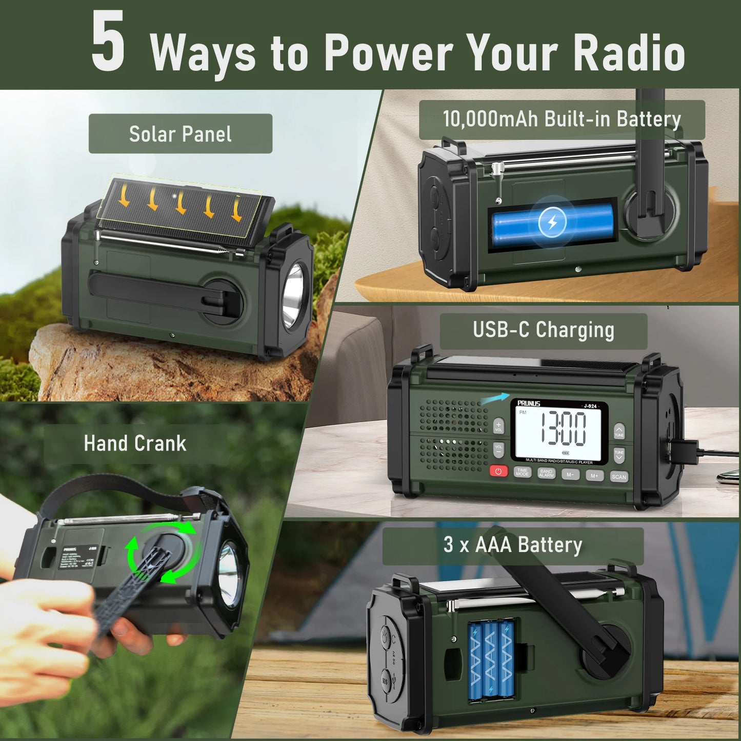 PRUNUS 924 Hand Crank Radio 10000mAh Solar NOAA AM FM SW Power Bank