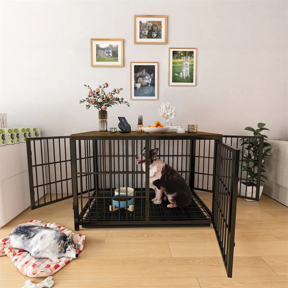 BORWART Wooden Dog Crate Indoor Elevated Kennel End Table With 3 Doors