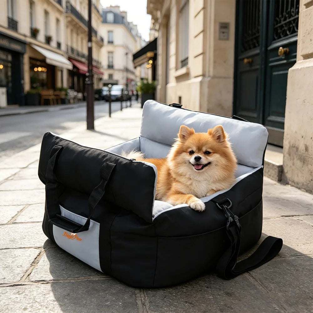 Portable Dog Car Seat Pet Dog Booster Seat Puppy Travel Carrier Bed with Safety Belt Storage Pocket Removable Washable Cover
