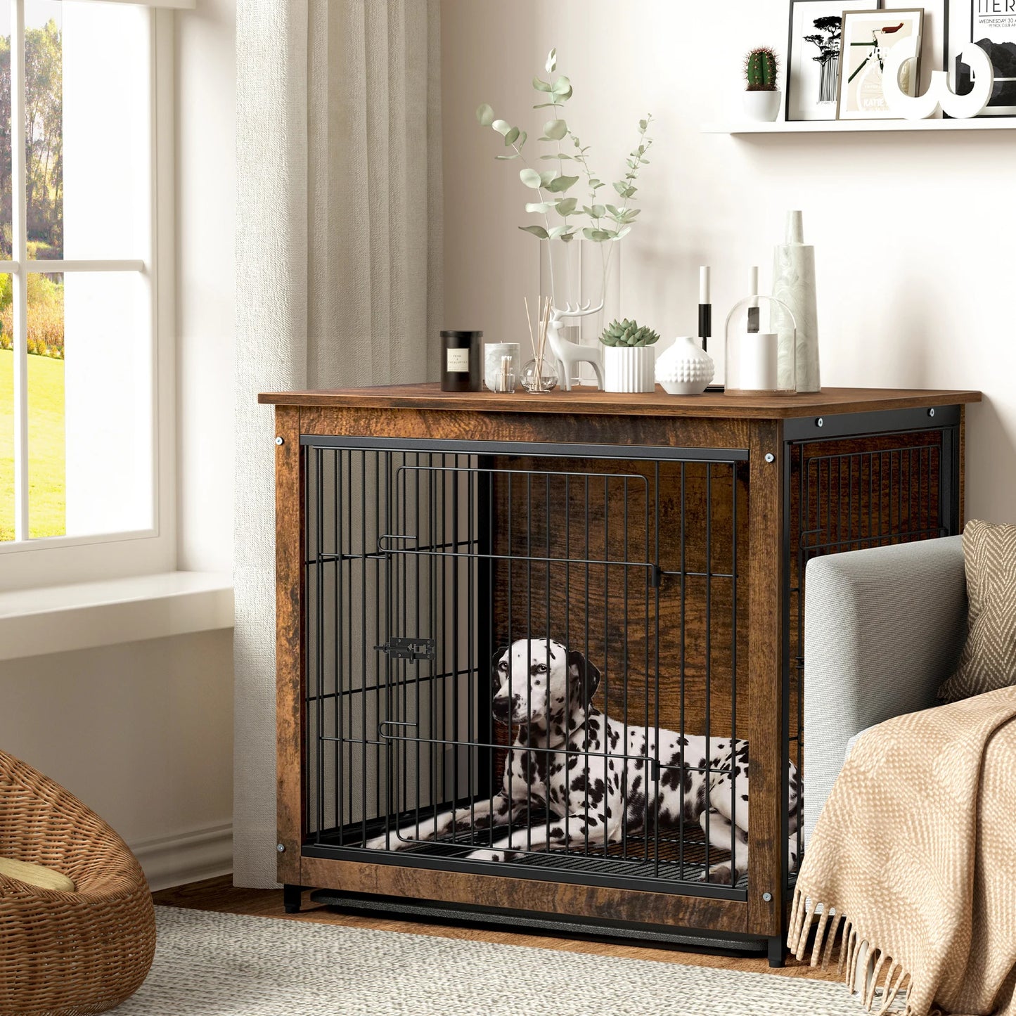 BINGOPAW Wooden Metal Dog Crate End Table With Two Doors