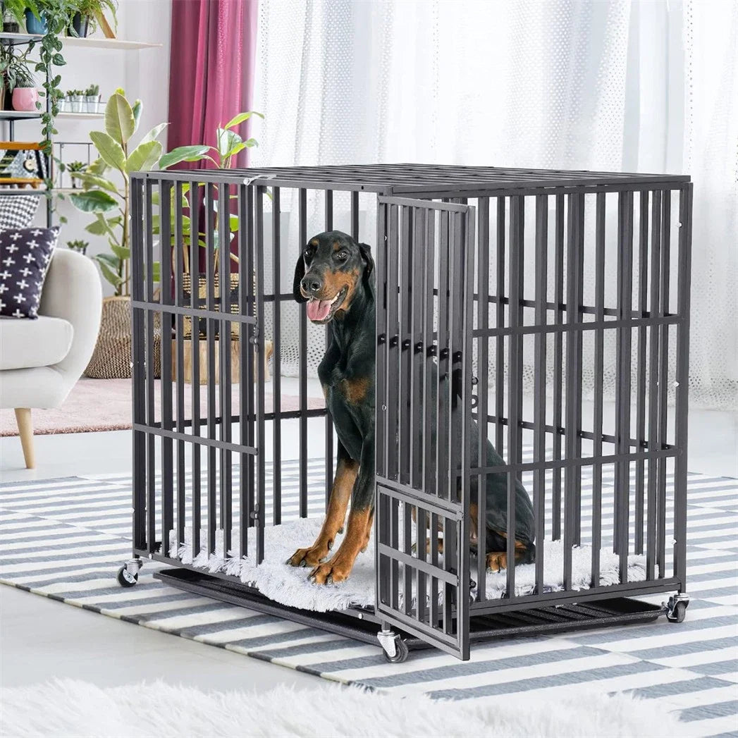 BINGOPAW Heavy Duty Metal Dog Crate With 3 Doors Wheels