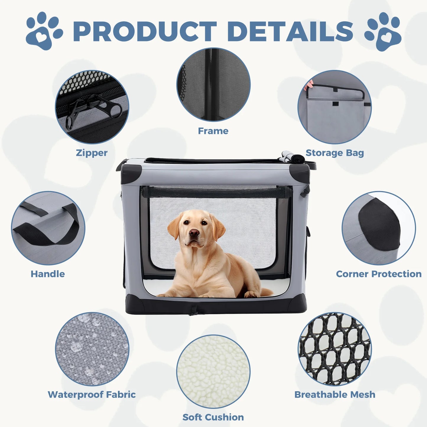 JHK Foldable Oxford Dog Crate With Three Doors Portable Kennel