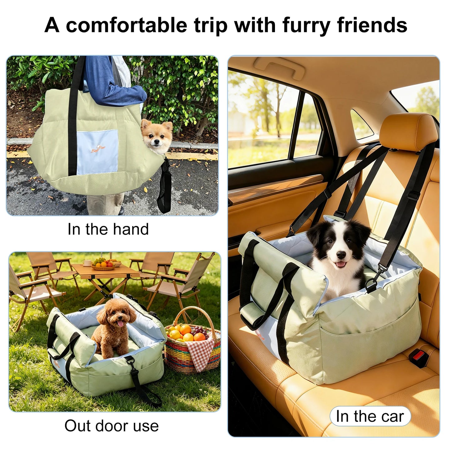 Portable Dog Car Seat Pet Dog Booster Seat Puppy Travel Carrier Bed with Safety Belt Storage Pocket Removable Washable Cover