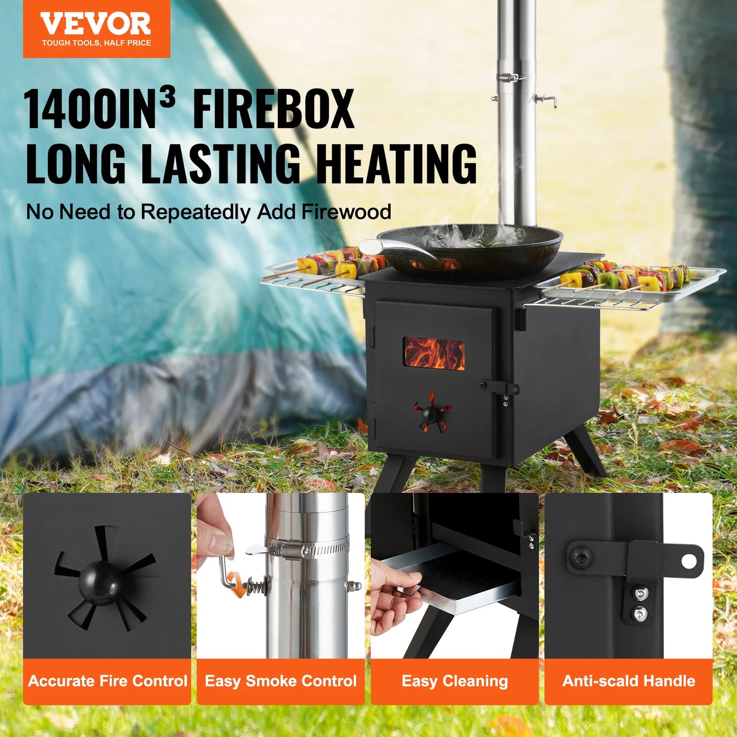 SucceBuy Wood Stove 86in Alloy Steel Camping Tent Stove Portable Wood Burning Stove with Chimney Pipes & Gloves 1400in³Firebox