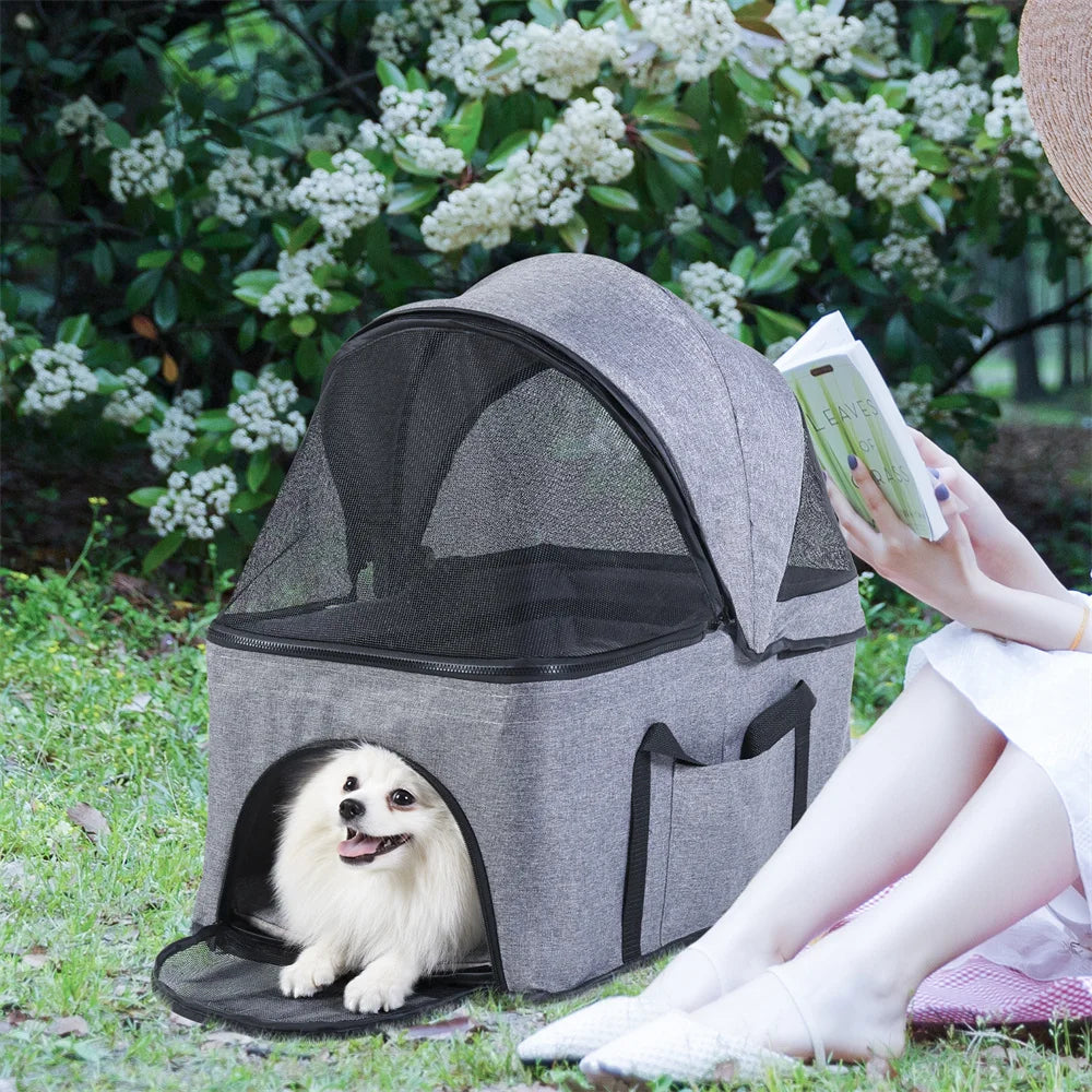 Foldable Pet Dog Stroller Carrier With 4 Wheels Rain Cover