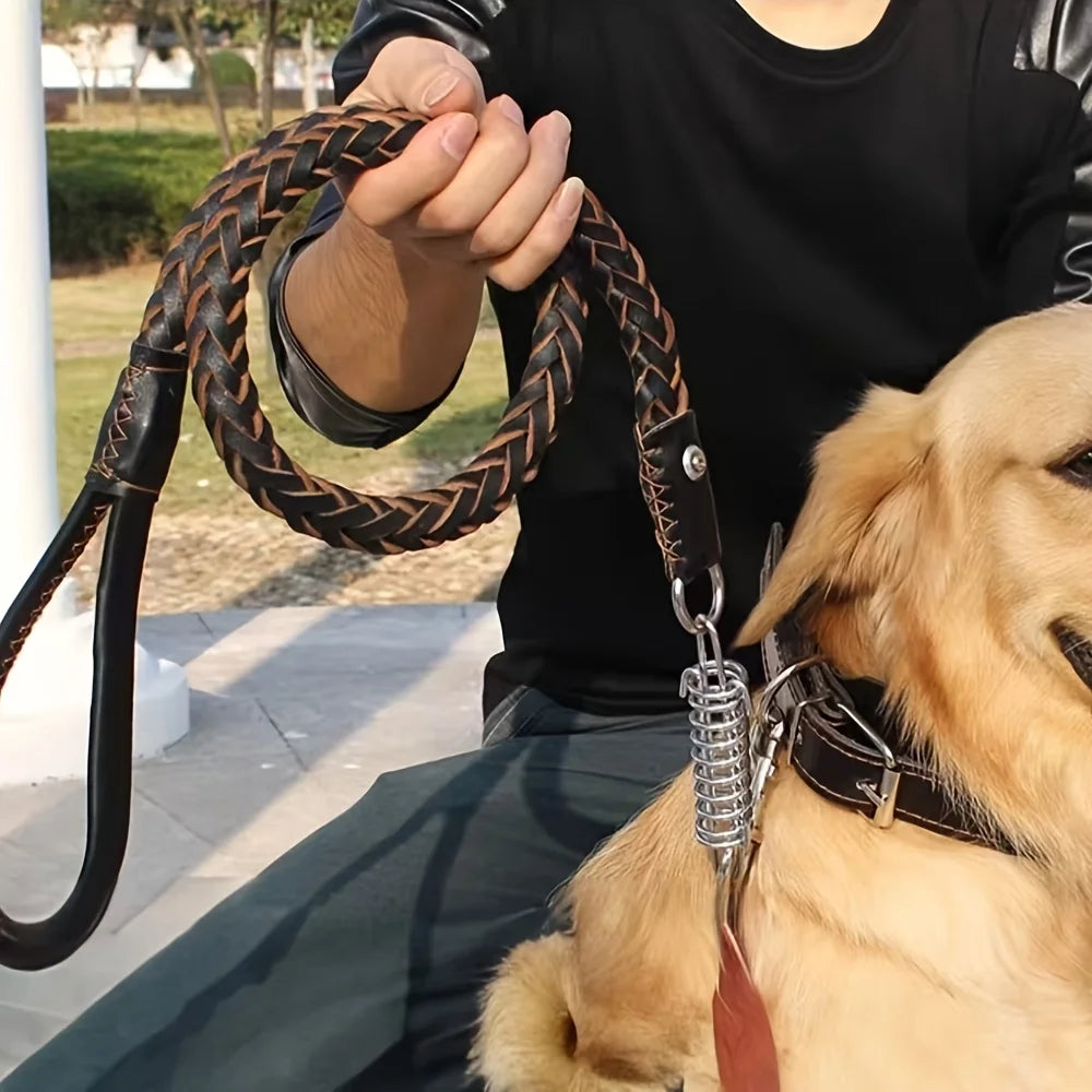 Eight-Strand Genuine Cowhide Braided Dog Leash, Heavy Duty Training Lead