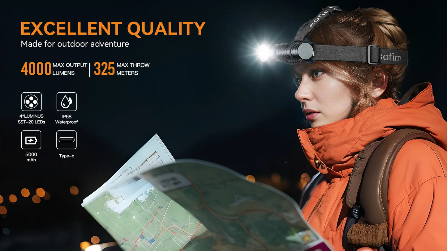 Sofirn HS41 Headlamp 4000lm USB C Rechargeable LED Flashlight