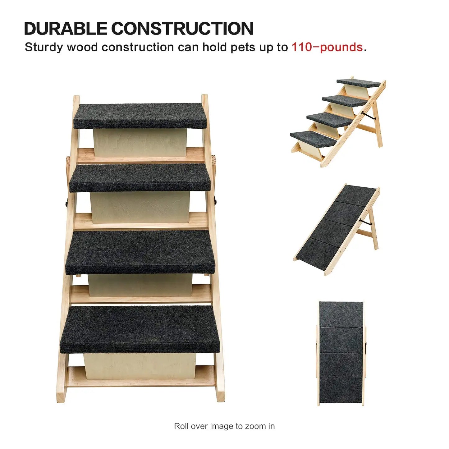 Wooden Portable Foldable Pet Stairs Ramp For Beds And Cars