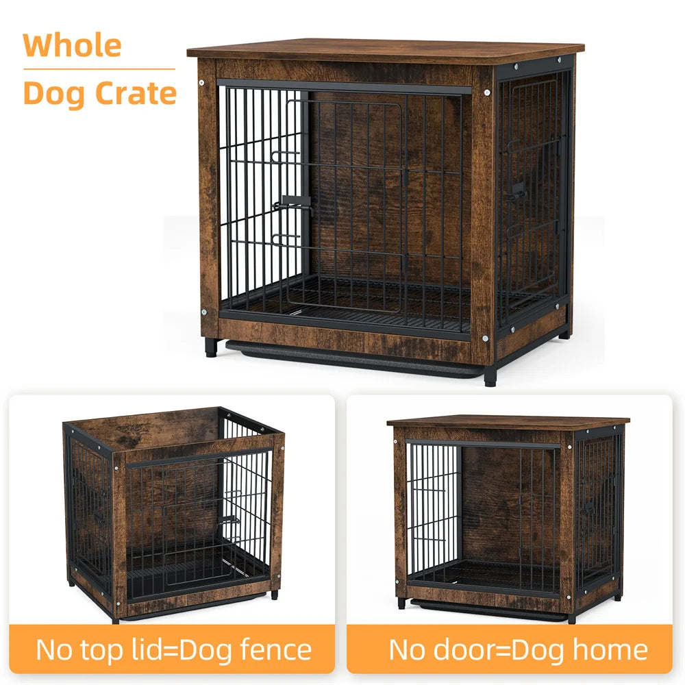 BORWART Elevated Wooden Dog Crate End Table With Double Door Removable Tray
