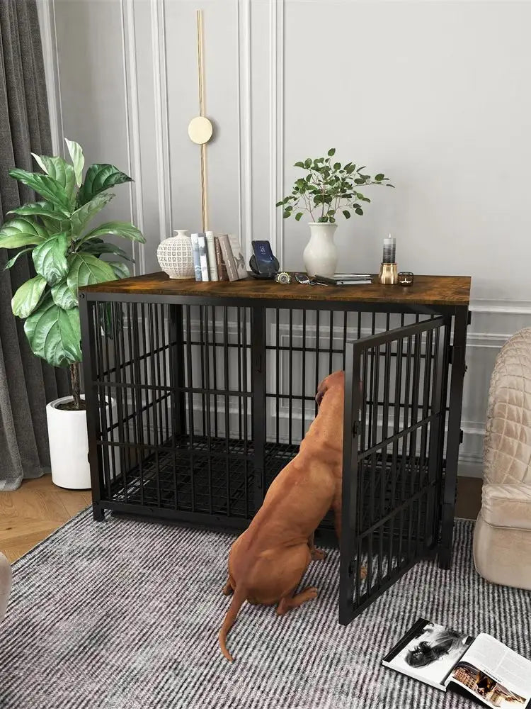 BORWART Wooden Dog Crate Indoor Elevated Kennel End Table With 3 Doors