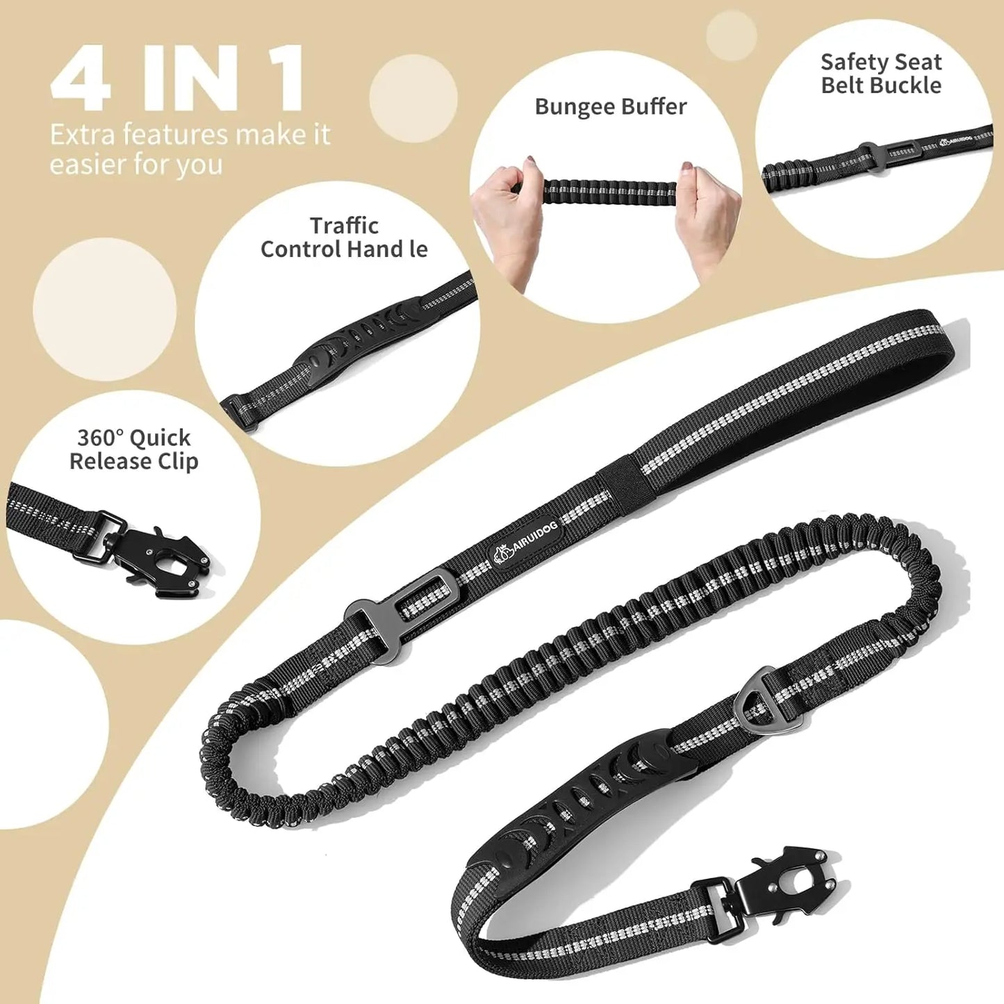 Reflective Shock Absorbing Pet Leash With Car Seatbelt For Dogs