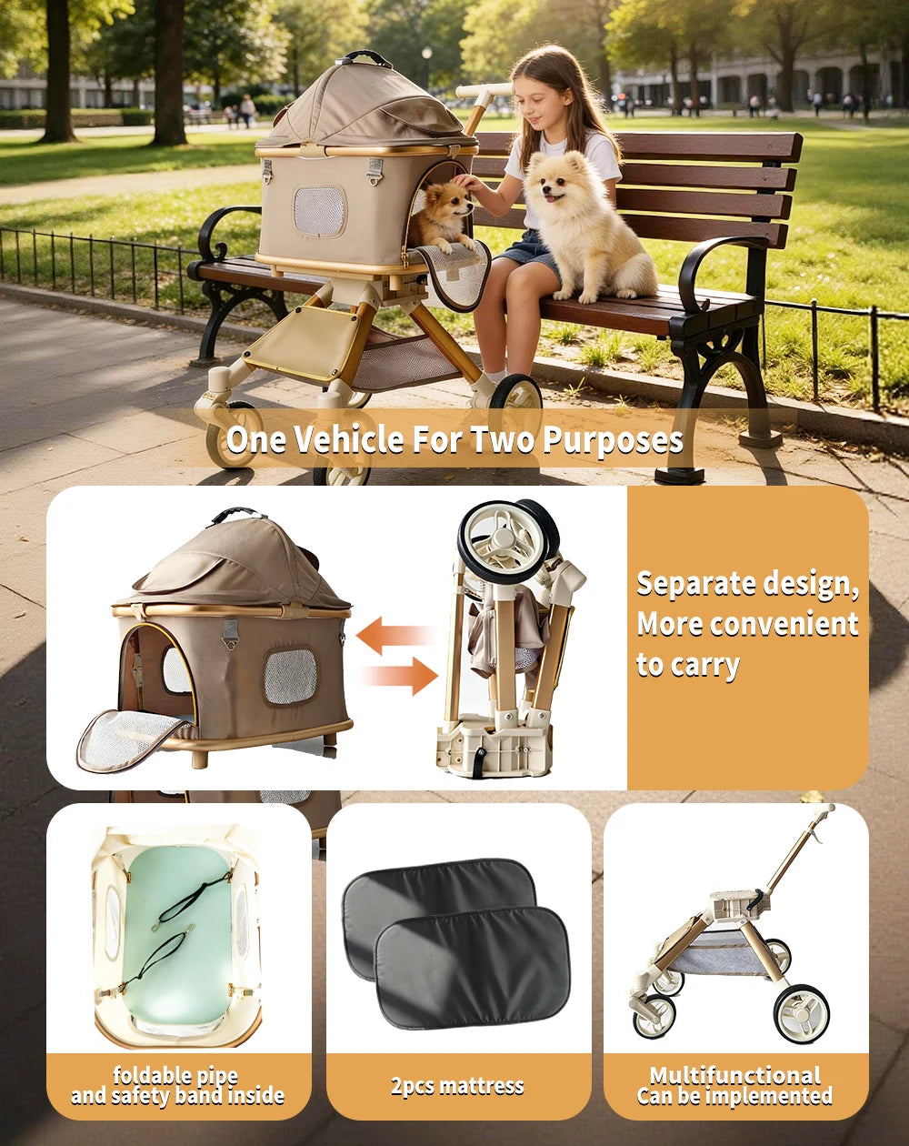 Pet Stroller 2-In-1 Convertible One-Click Folding for Dogs and Cats