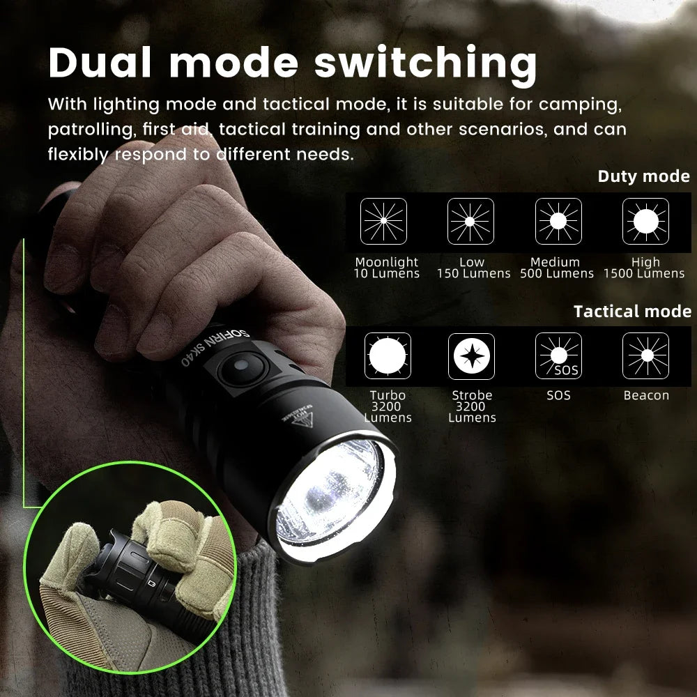 Sofirn SK40 SFT70 LED Flashlight 3200LM 580m Long-Range Spotlight Rechargeable