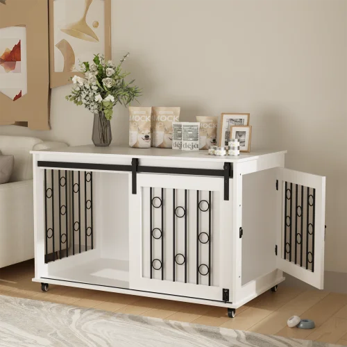Modern Wooden Indoor Dog Crate End Table With Barn Door