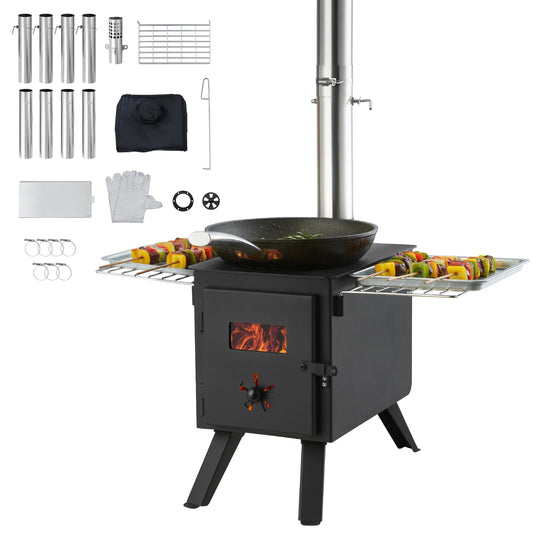 SucceBuy Wood Stove 86in Alloy Steel Camping Tent Stove Portable Wood Burning Stove with Chimney Pipes & Gloves 1400in³Firebox