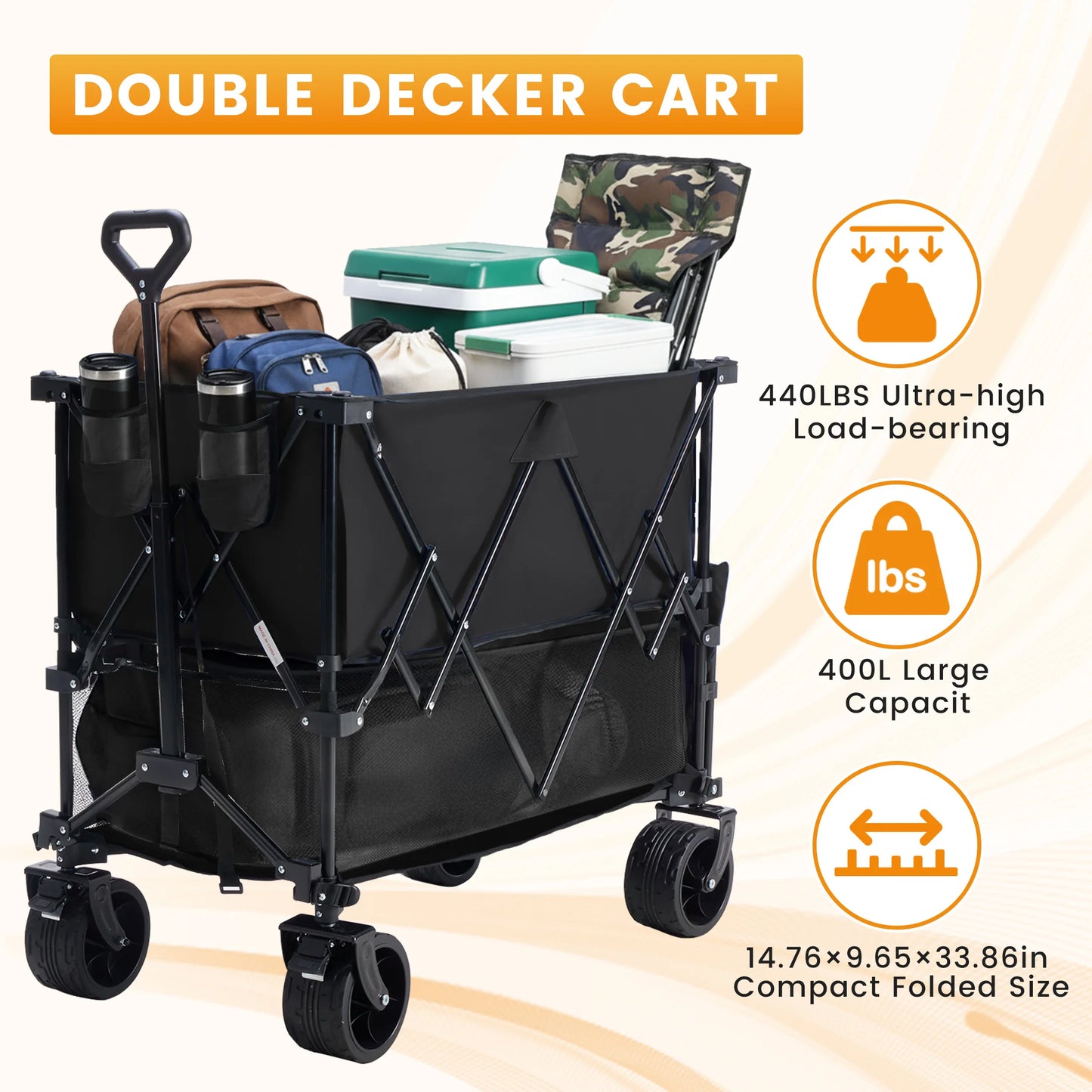 JHK Outdoor Double Decker Wagons Cart Large Capacity Collapsible