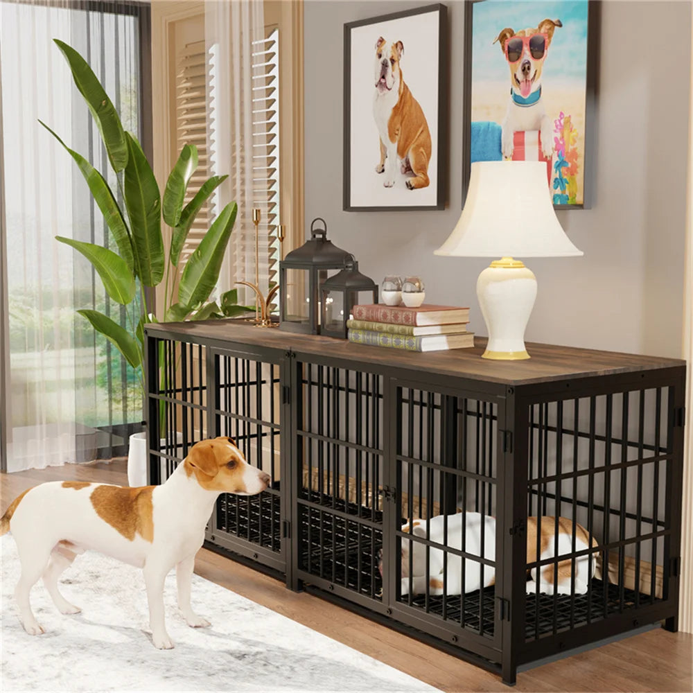 BORWART Wooden Dog Crate Indoor Elevated Kennel End Table With 3 Doors
