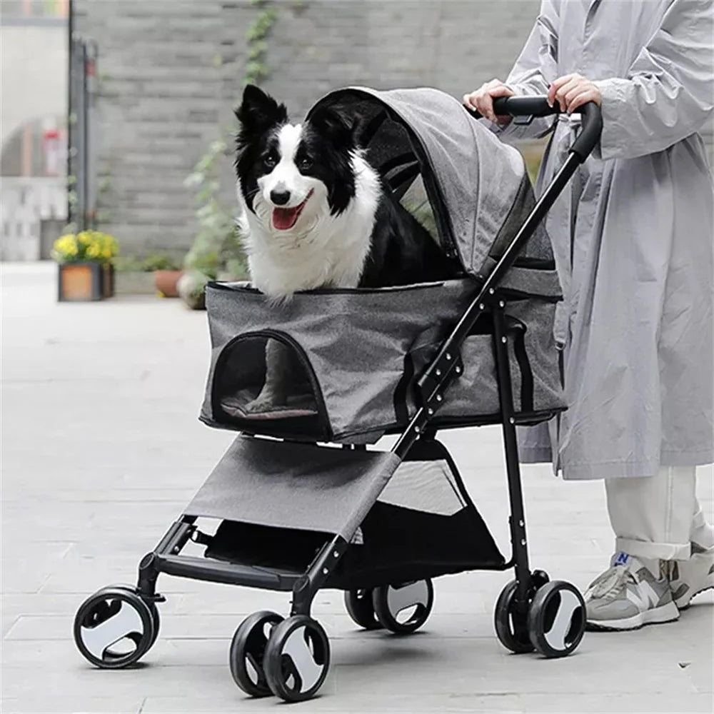 Foldable Pet Dog Stroller Carrier With 4 Wheels Rain Cover
