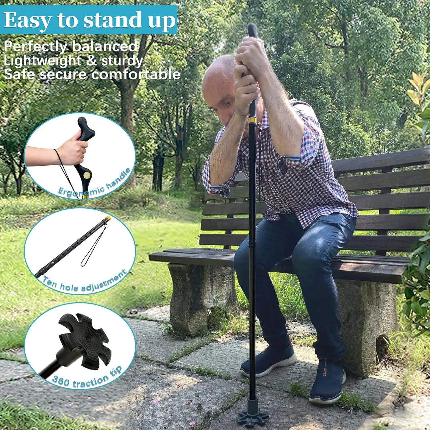 Foldable Walking Cane For Seniors, Height Adjustable, Aluminum, Anti Slip
