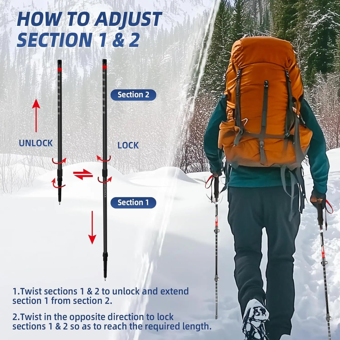Lightweight Collapsible Trekking Poles 2 Pack Aluminum Hiking Poles