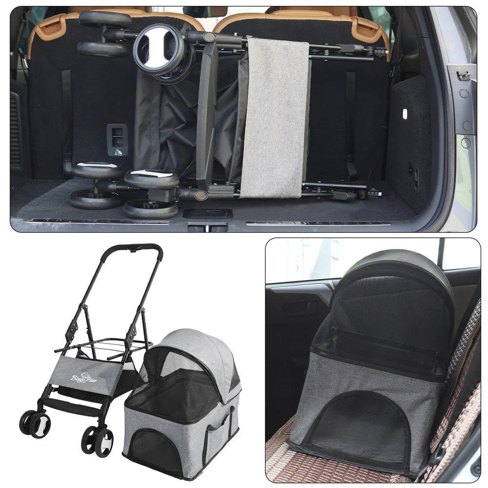 Foldable Pet Dog Stroller Carrier With 4 Wheels Rain Cover