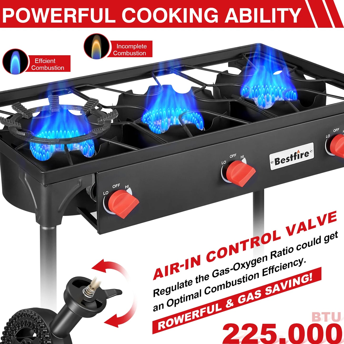 3 Burner Propane Camping Stove With Adjustable Regulator