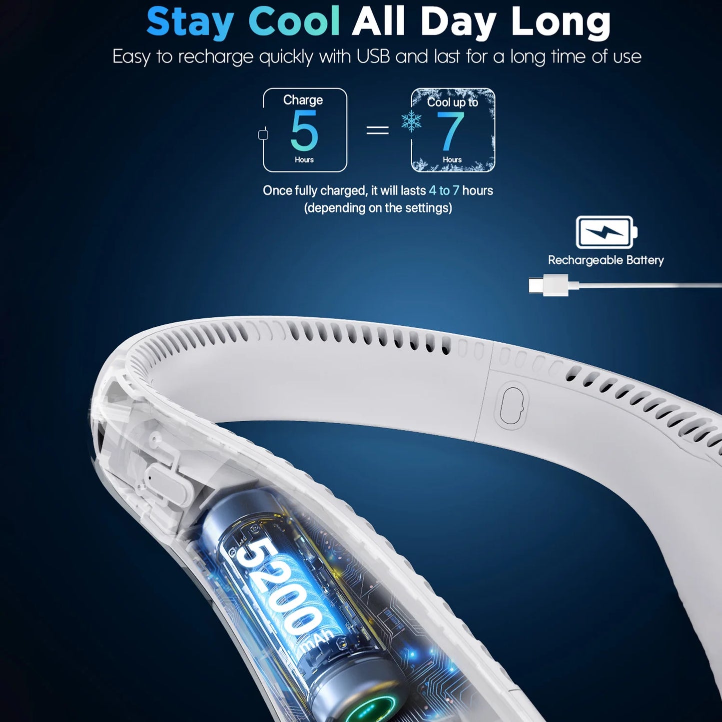 Portable Neck Fan Bladeless USB Rechargeable With 4 Speeds