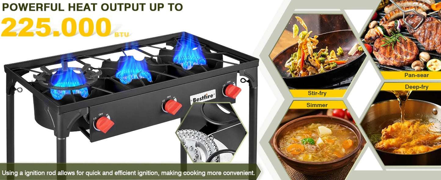 3 Burner Propane Camping Stove With Adjustable Regulator