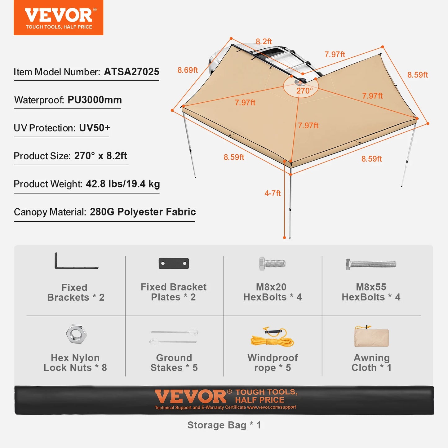 Vehicle Awning Retractable Car Side Awning With Waterproof Storage Bag