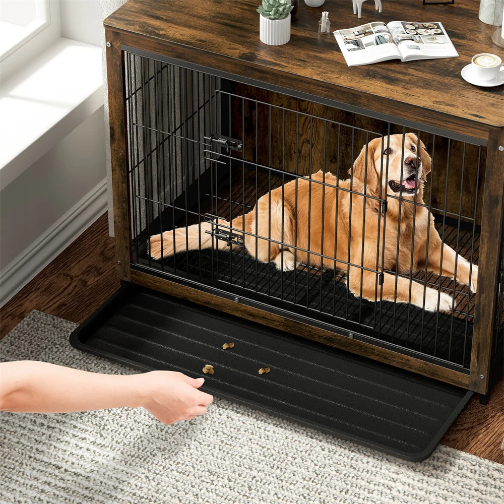BORWART Elevated Wooden Dog Crate End Table With Double Door Removable Tray