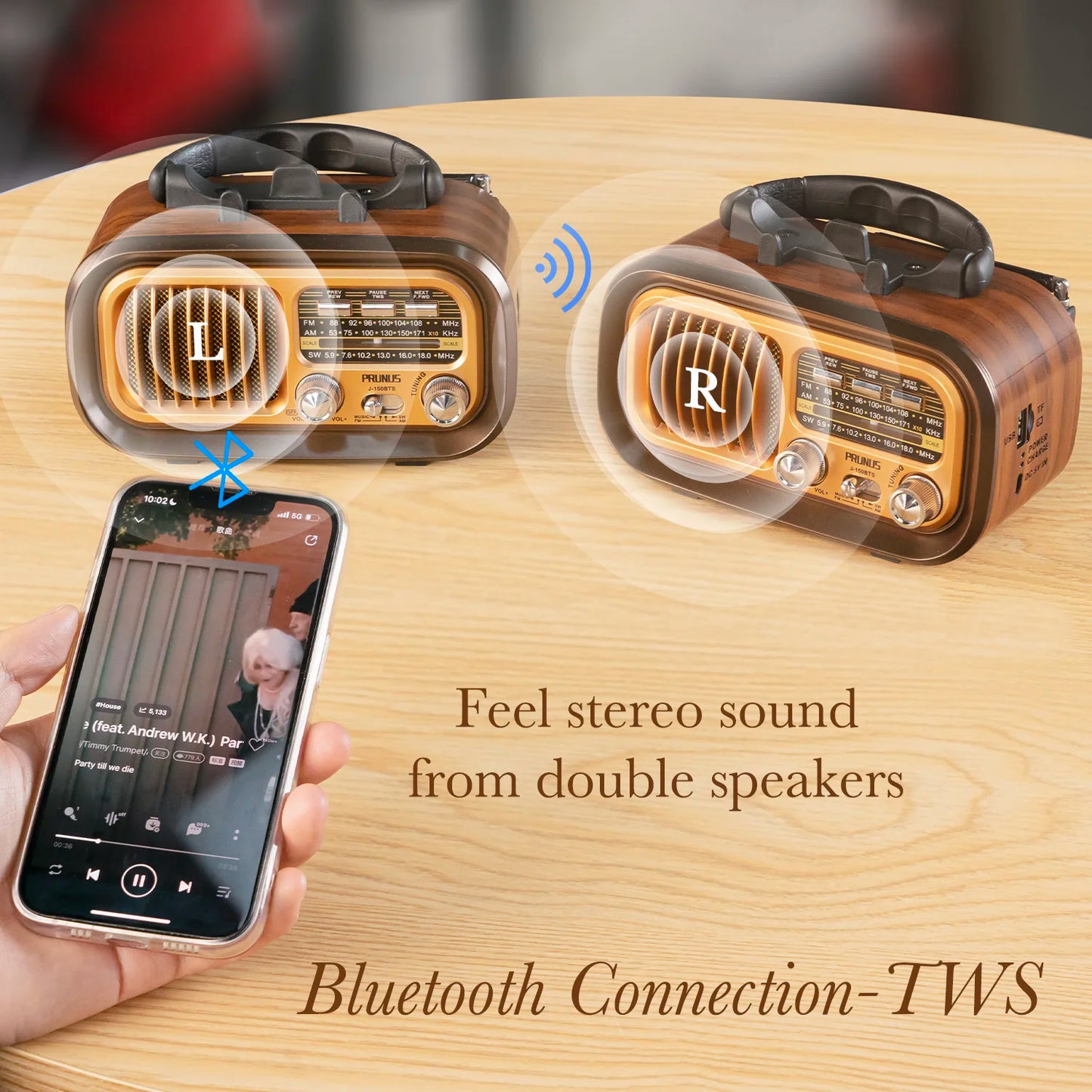 PRUNUS J-150 Retro Bluetooth Radio AM FM Portable Solar Battery