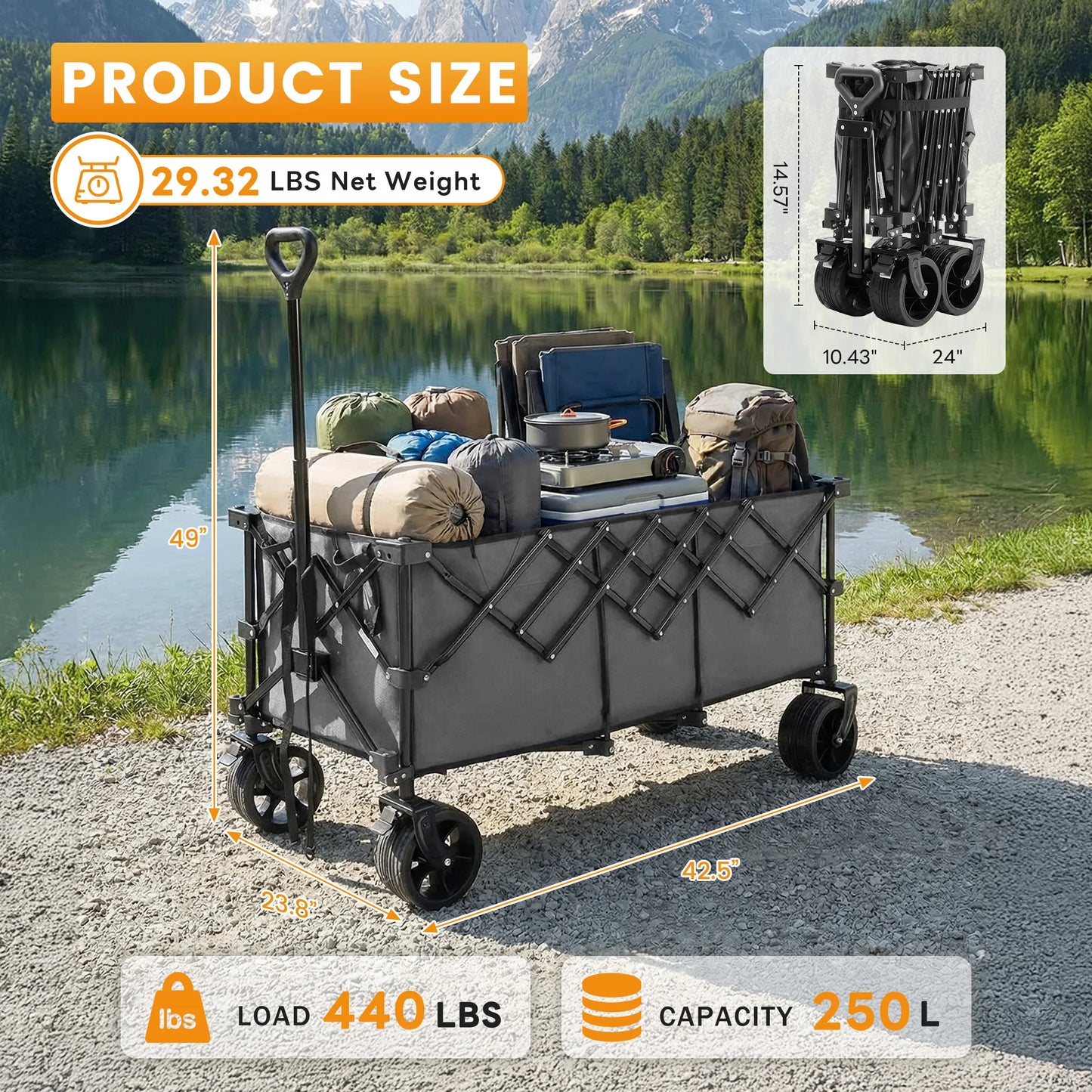 JHK Portable Extended Collapsible Wagon Cart 440lbs Heavy Duty Utility
