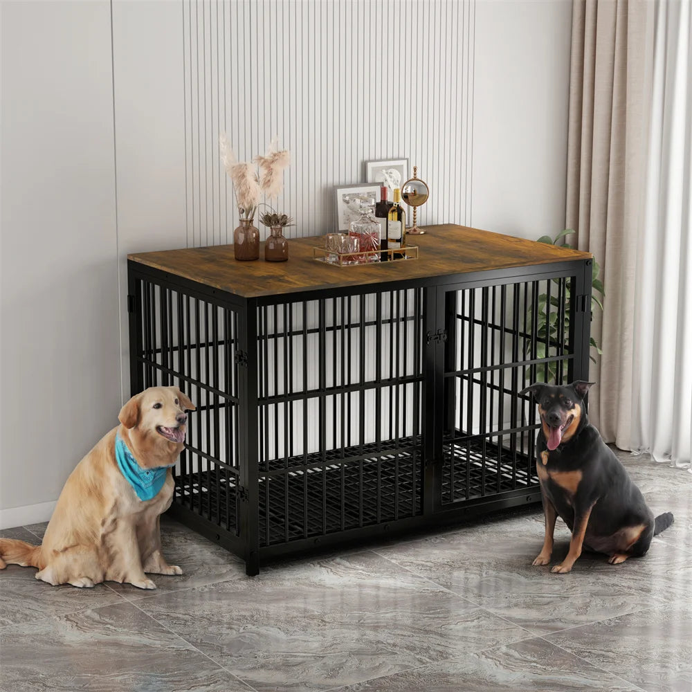 BORWART Wooden Dog Crate Indoor Elevated Kennel End Table With 3 Doors