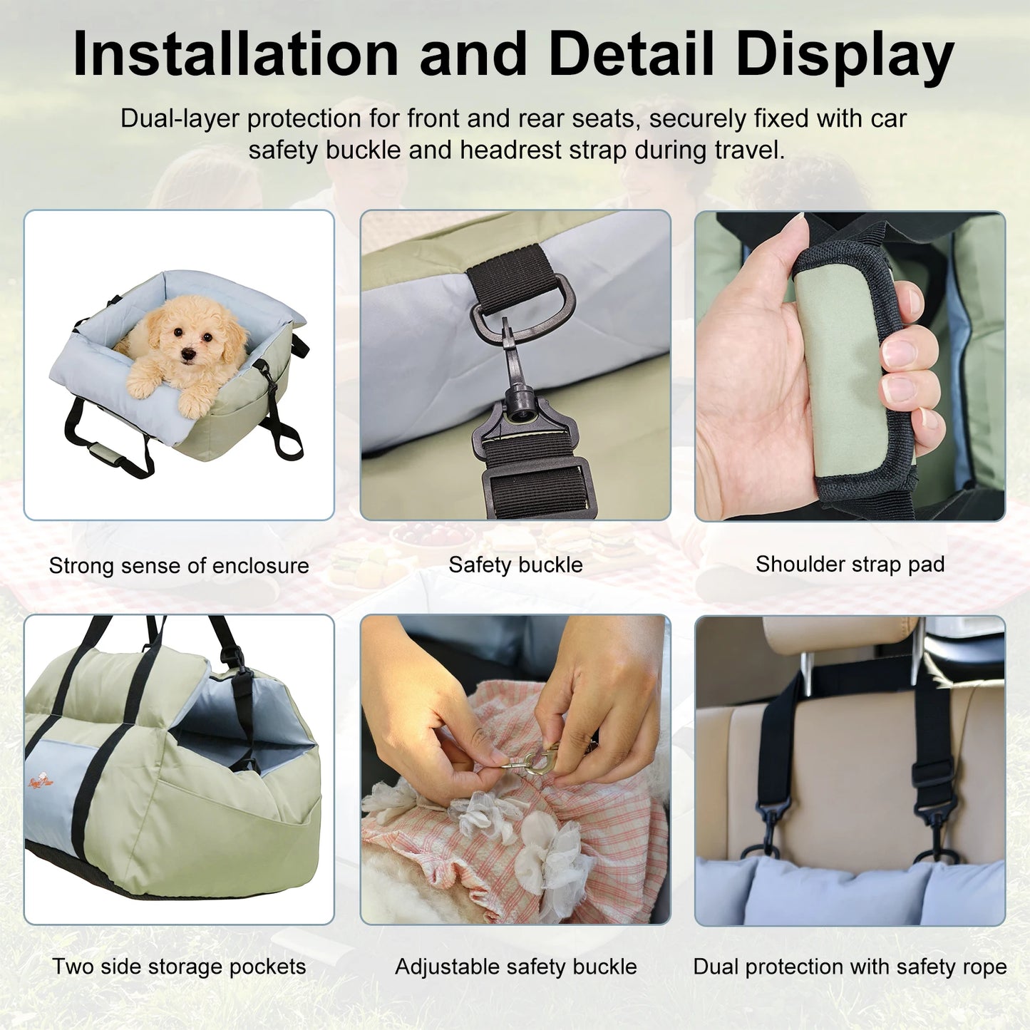Portable Dog Car Seat Pet Dog Booster Seat Puppy Travel Carrier Bed with Safety Belt Storage Pocket Removable Washable Cover