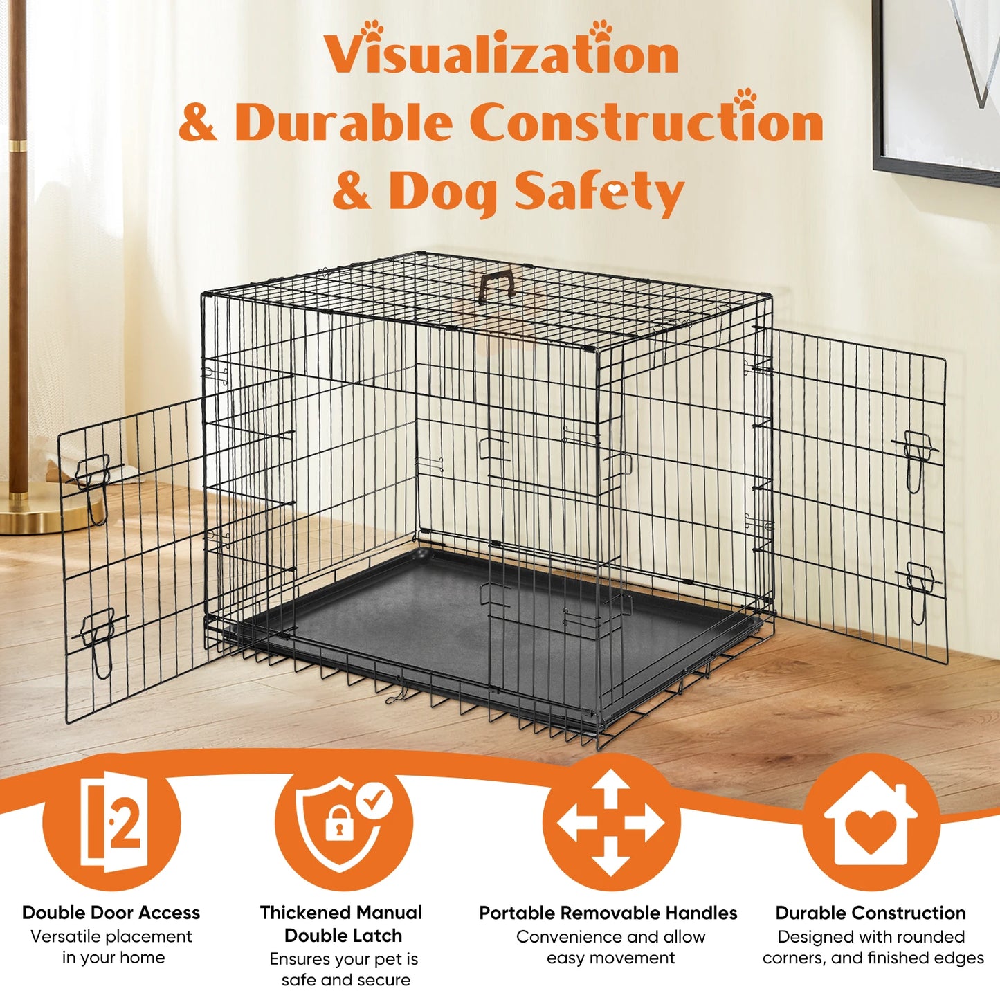 JHK Folding Metal Dog Cage With Leak Proof Pan Tray