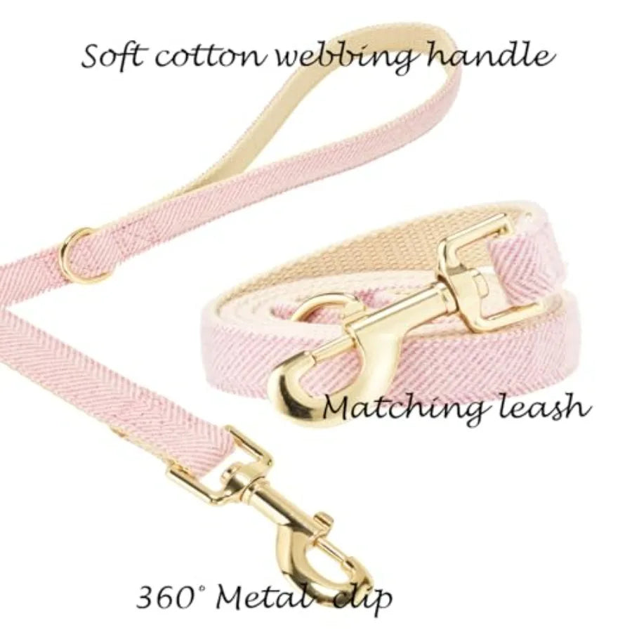 Soft Cotton Tweed Dog Collar And Leash Set Gold Buckle
