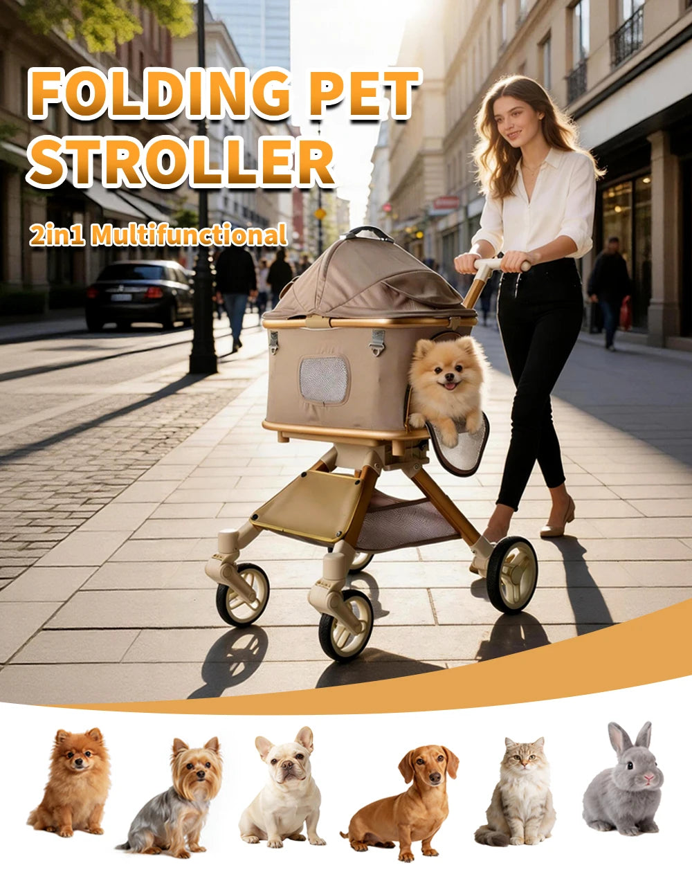 Pet Stroller 2-In-1 Convertible One-Click Folding for Dogs and Cats