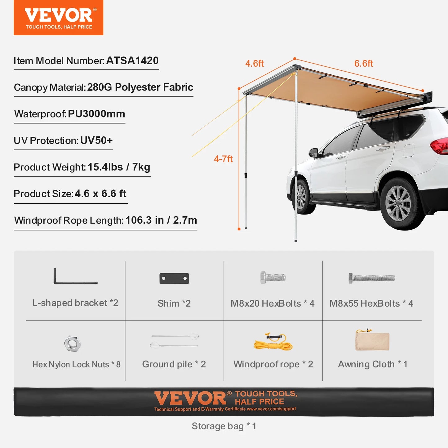 Vehicle Awning Retractable Car Side Awning With Waterproof Storage Bag