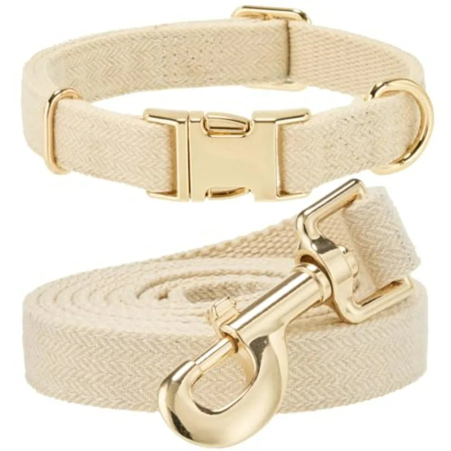 Soft Cotton Tweed Dog Collar And Leash Set Gold Buckle