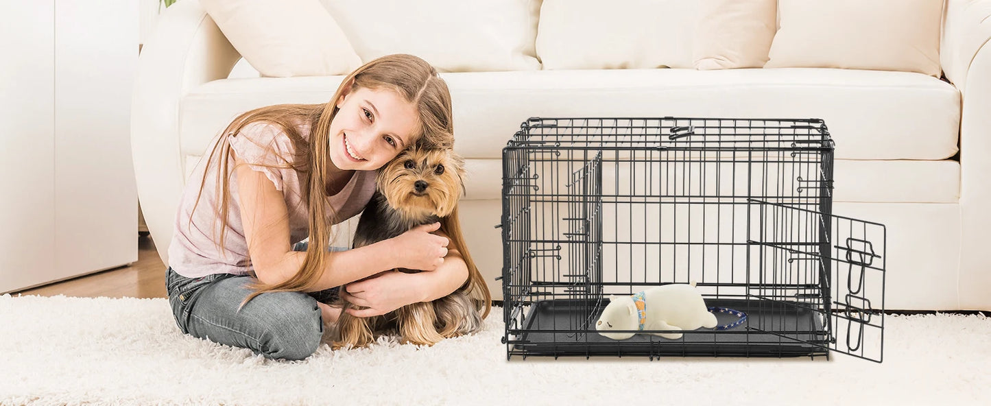JHK Folding Metal Dog Cage With Leak Proof Pan Tray